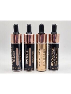 Makeup Revolution Liquid Highlighter Lot of 4 Starlight Champagne Euphoric Gold